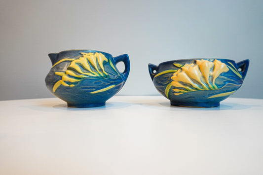 40's Roseville Freesia Blue Cream and Sugar Set - Vintage Art Pottery