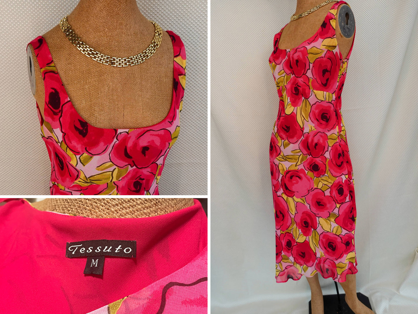 90's - Empire Waist Tank Top Rose Print Dress - Flowy Fabric, Ruffle Trim - by Tessuto - Small/Medium