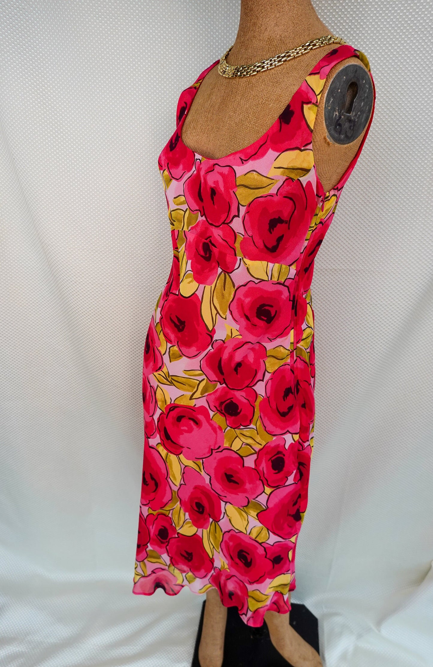 90's - Empire Waist Tank Top Rose Print Dress - Flowy Fabric, Ruffle Trim - by Tessuto - Small/Medium