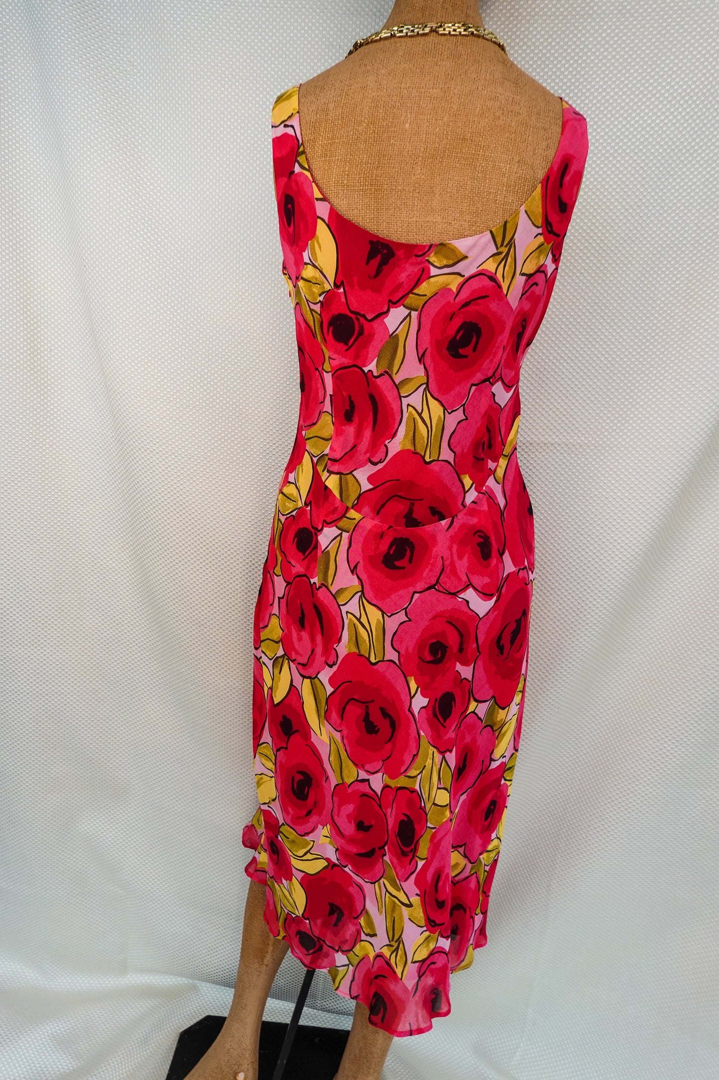 90's - Empire Waist Tank Top Rose Print Dress - Flowy Fabric, Ruffle Trim - by Tessuto - Small/Medium