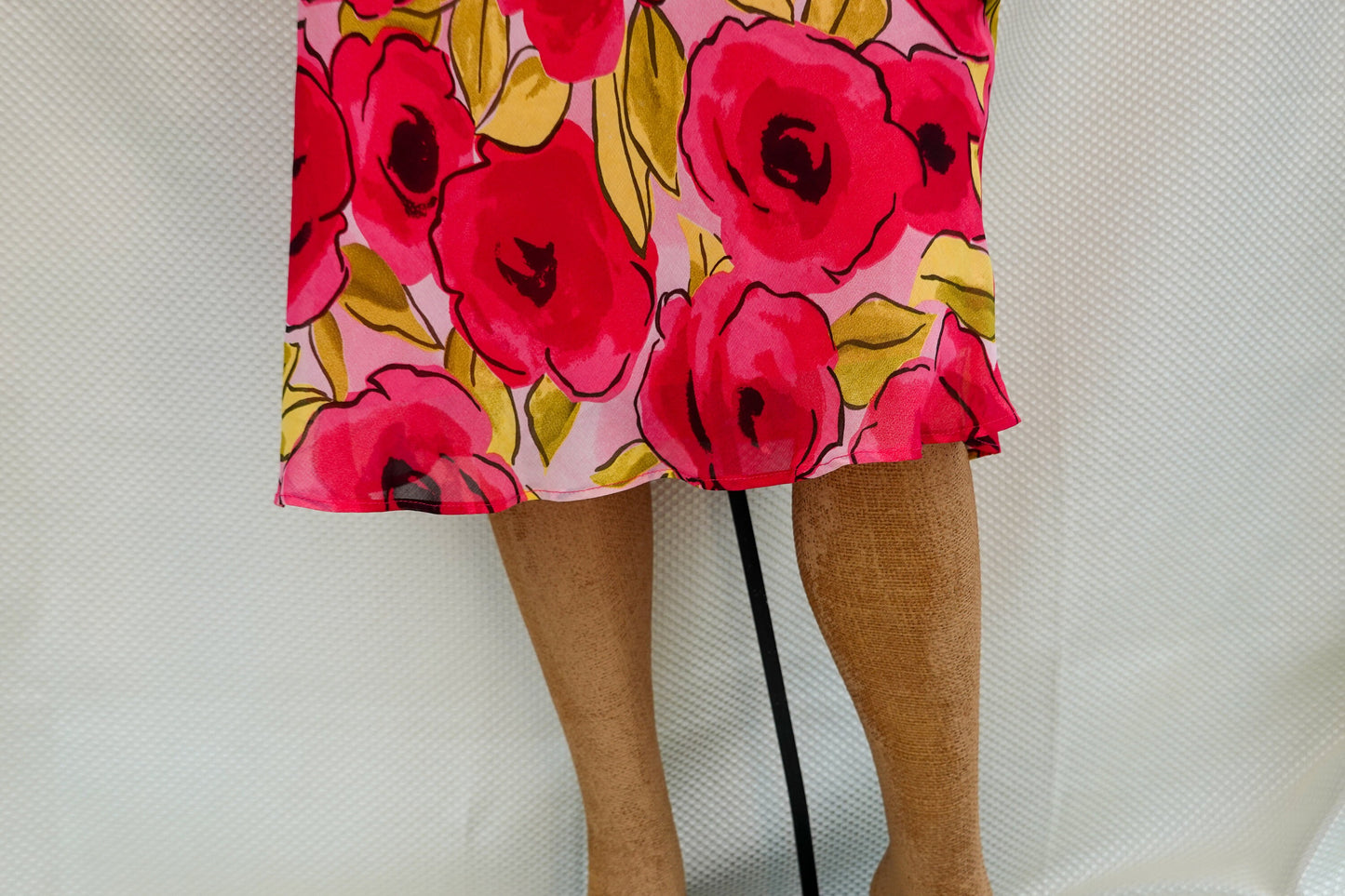 90's - Empire Waist Tank Top Rose Print Dress - Flowy Fabric, Ruffle Trim - by Tessuto - Small/Medium