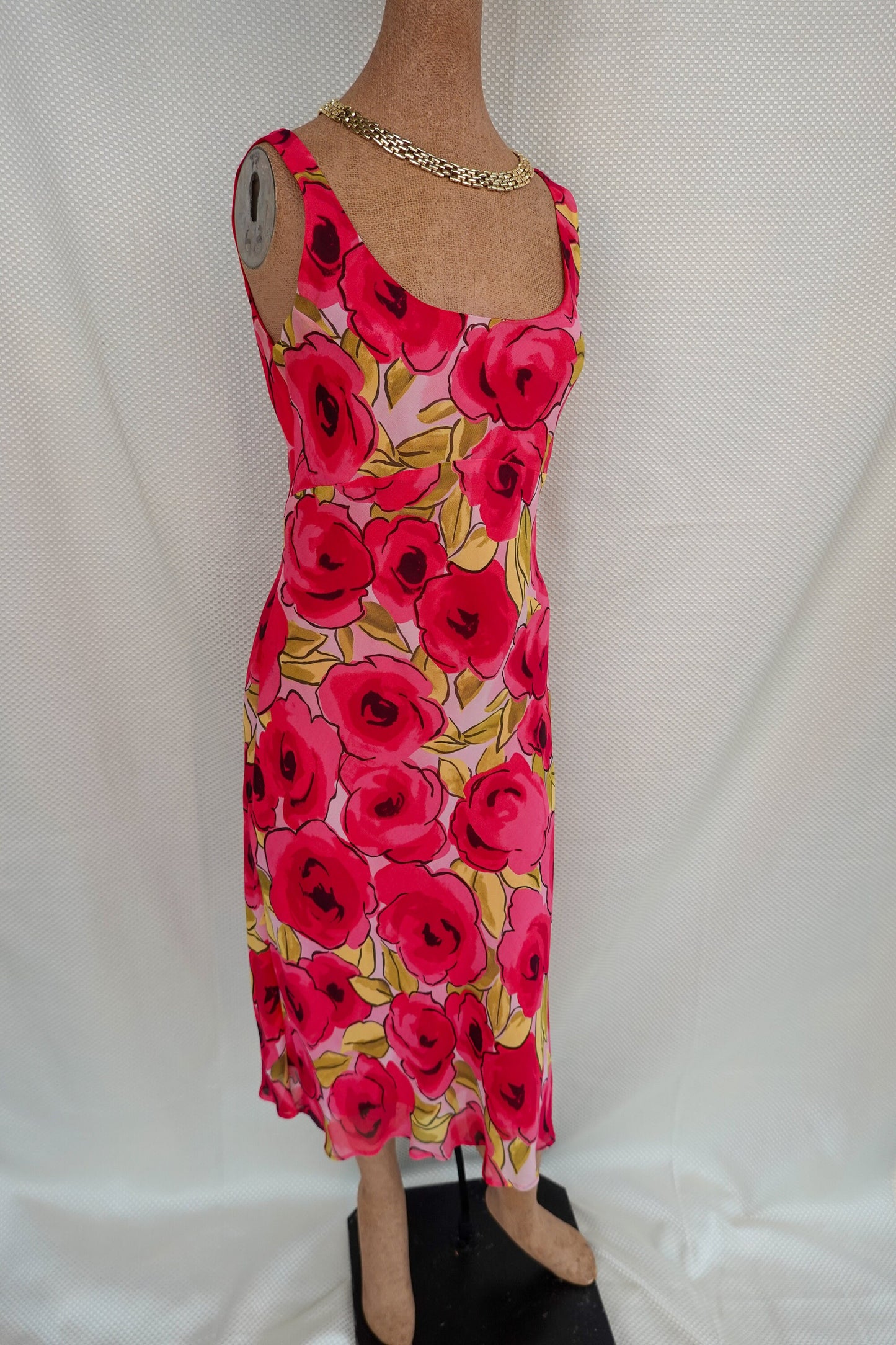 90's - Empire Waist Tank Top Rose Print Dress - Flowy Fabric, Ruffle Trim - by Tessuto - Small/Medium