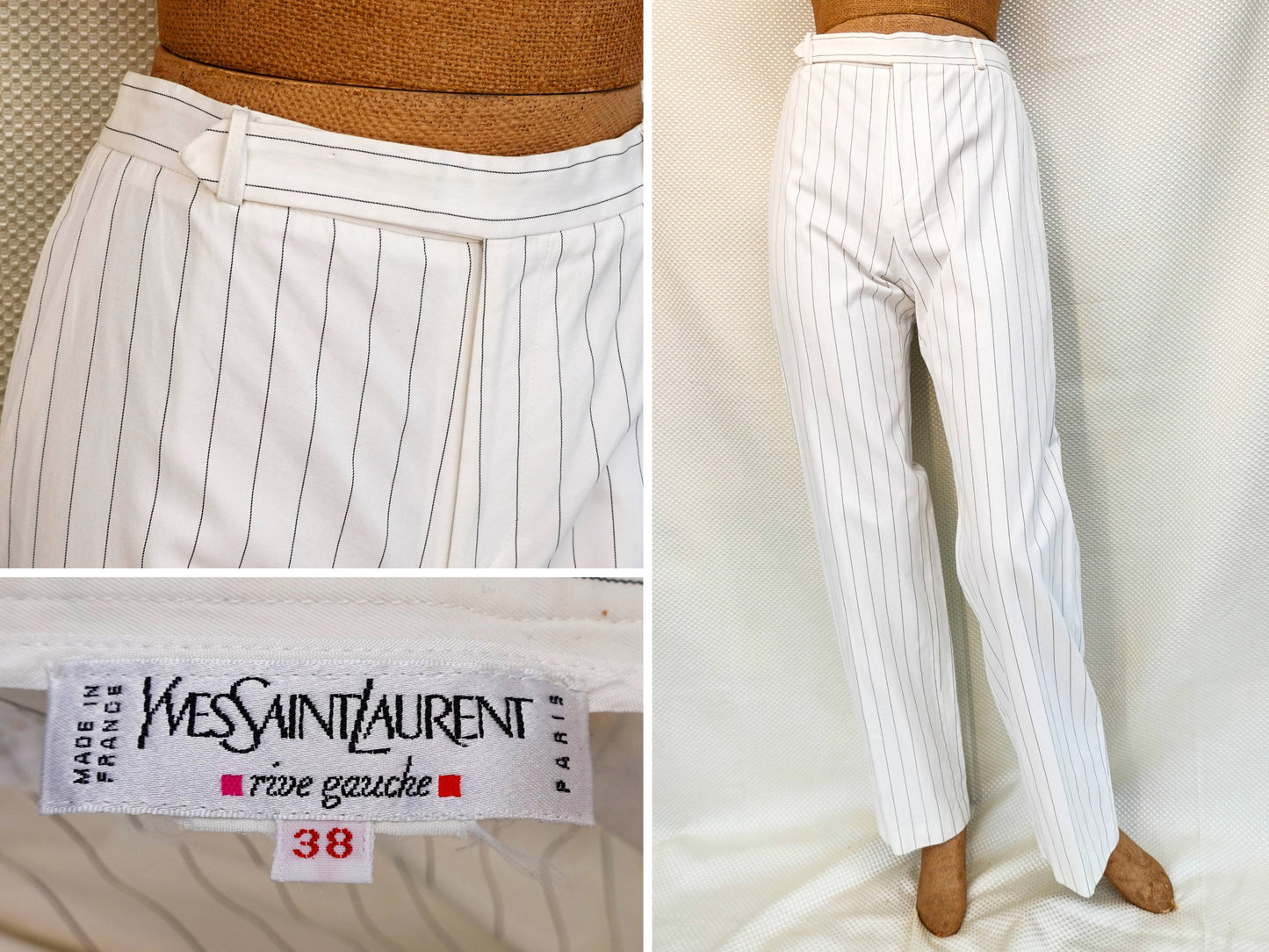 80's Yves Saint Laurent Rive Gauche White Pinstripe Pants - Lightweight Straight Leg Pants - Vintage YSL - 27" Waist