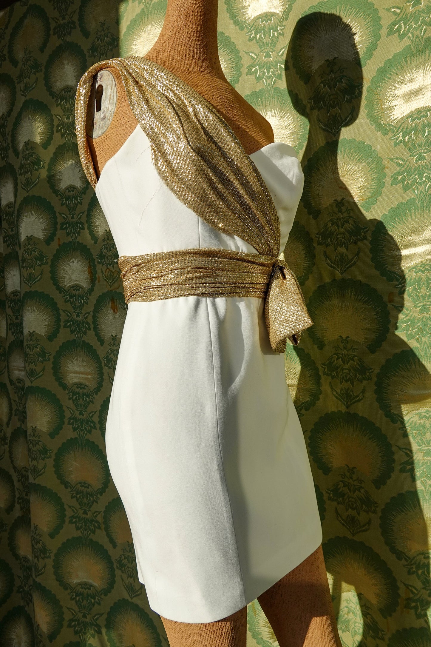 Vintage Mini Dress - White & Gold Metallic Lam Sash - Strapless Dress - Cocktail or Evening Dress - XXS/XS