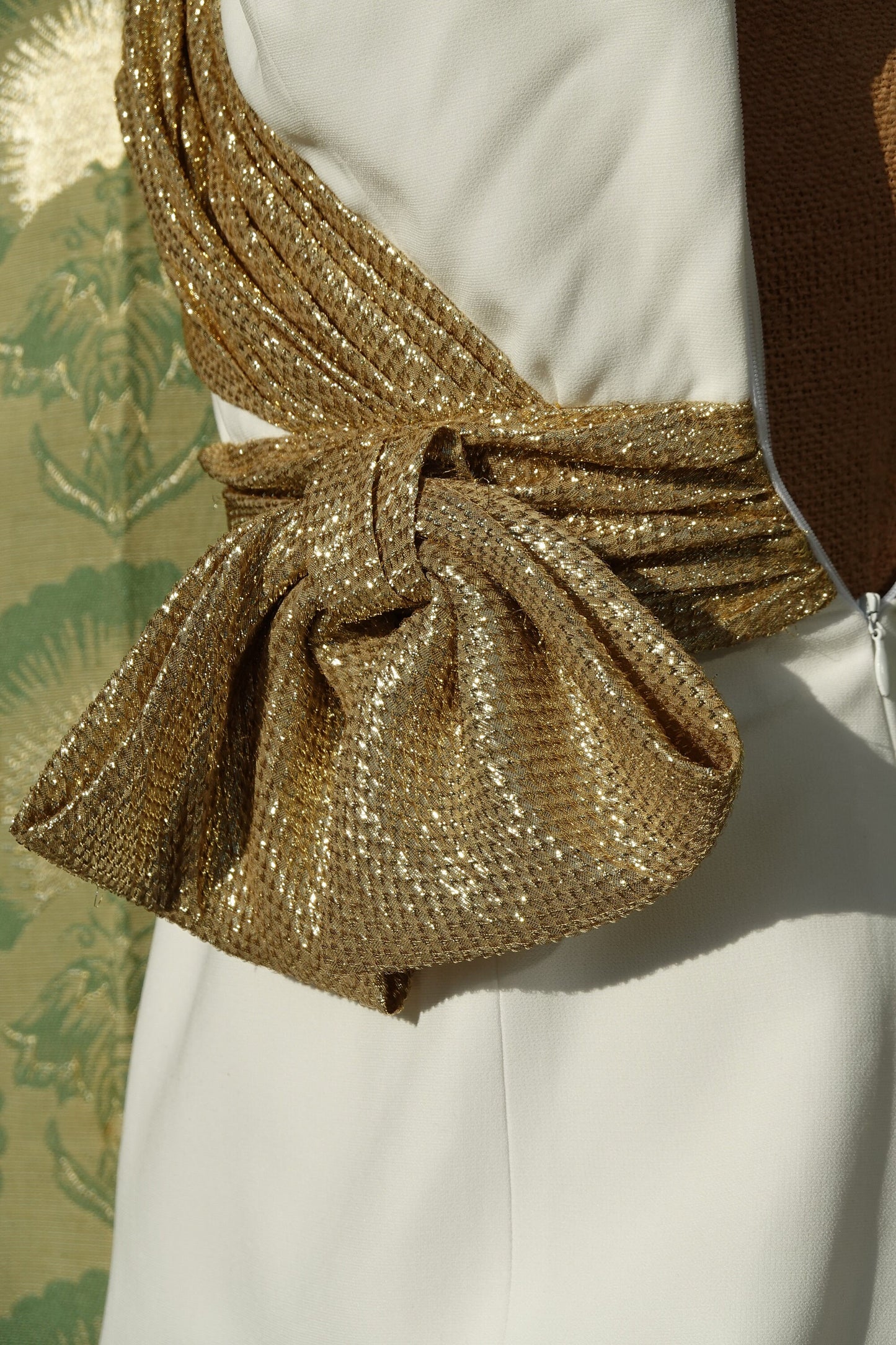 Vintage Mini Dress - White & Gold Metallic Lam Sash - Strapless Dress - Cocktail or Evening Dress - XXS/XS
