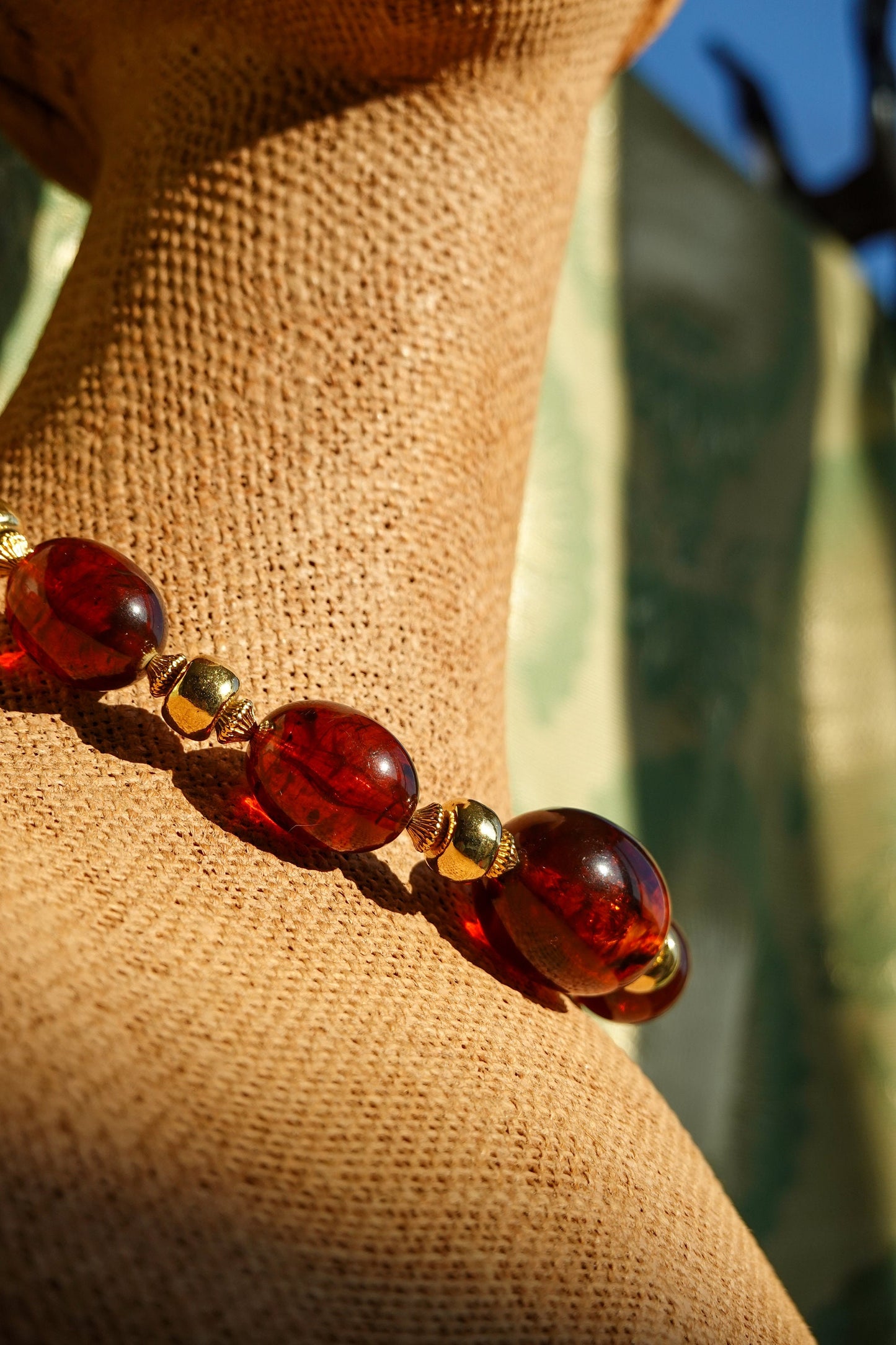 50's - 60's Amber Lucite Bead Adjustable Choker Necklace - Vintage Chunky Acrylic and Gold Tone Spacer Beads - Trifari