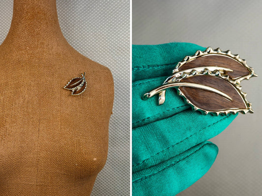 60's Wood Botanical Brooch - Gold Tone with Two Leaves - Sarah Coventry - 2.5" Sarah Cov 1968 Wooded Beauty Pin