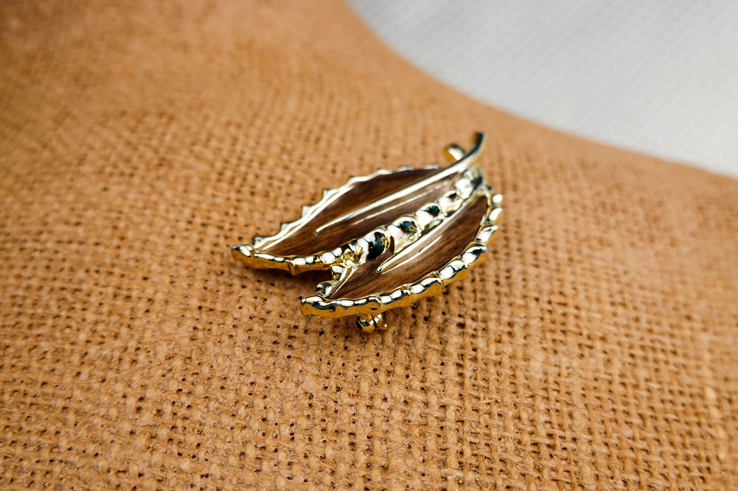 60's Wood Botanical Brooch - Gold Tone with Two Leaves - Sarah Coventry - 2.5" Sarah Cov 1968 Wooded Beauty Pin