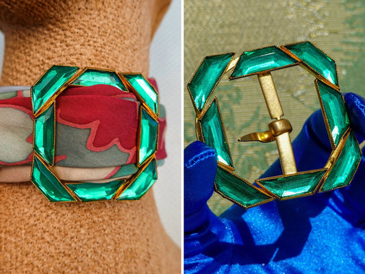 Vintage Emerald Rhinestone Trimmed Belt Buckle or Scarf Fastener - Fabric Accessory - Trapezoid Shaped Stones