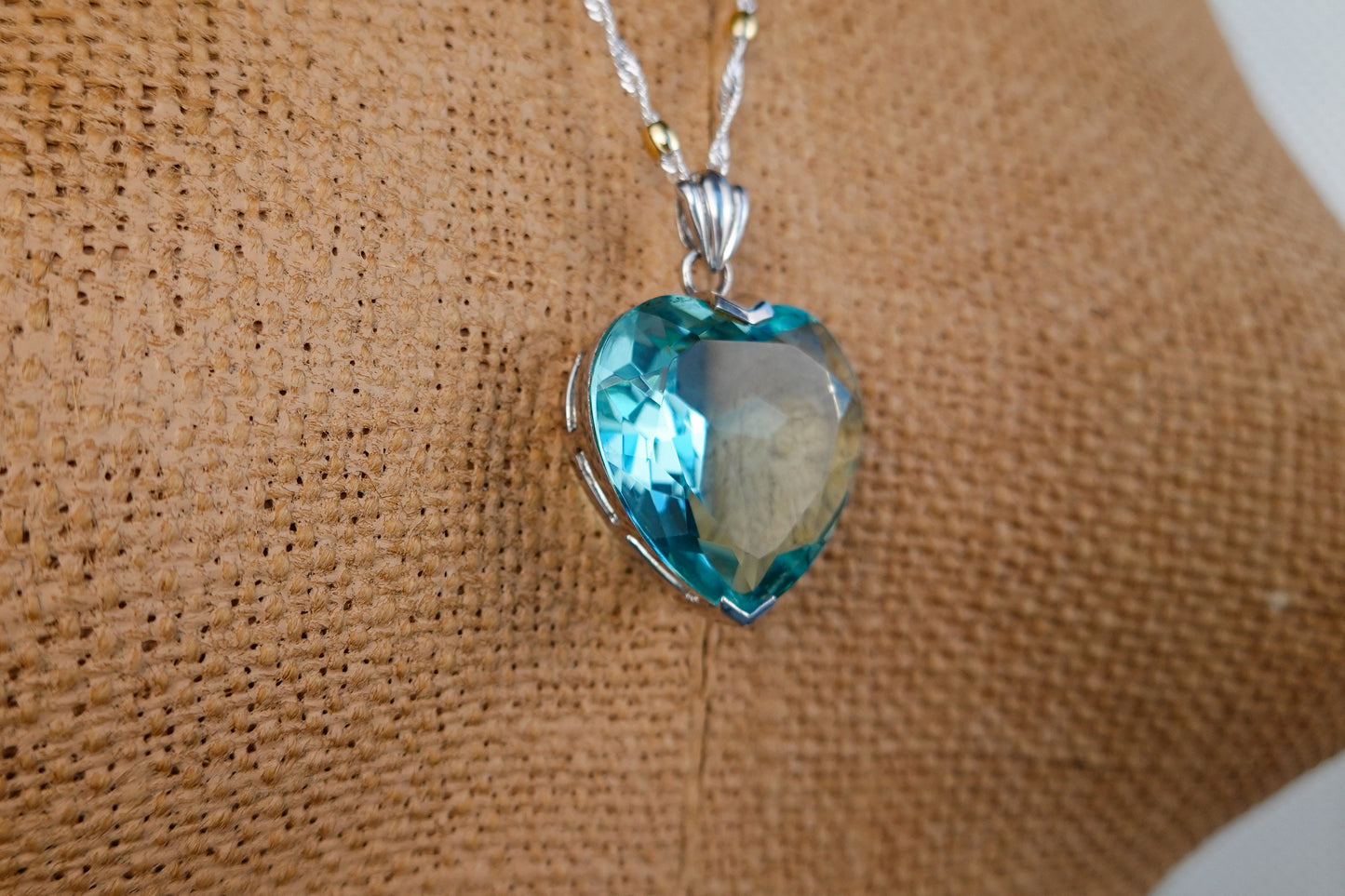 Vintage 2 inch Blue Heart Pendant - Titanic Necklace - Glass and Sterling Silver 925 - by Badavici
