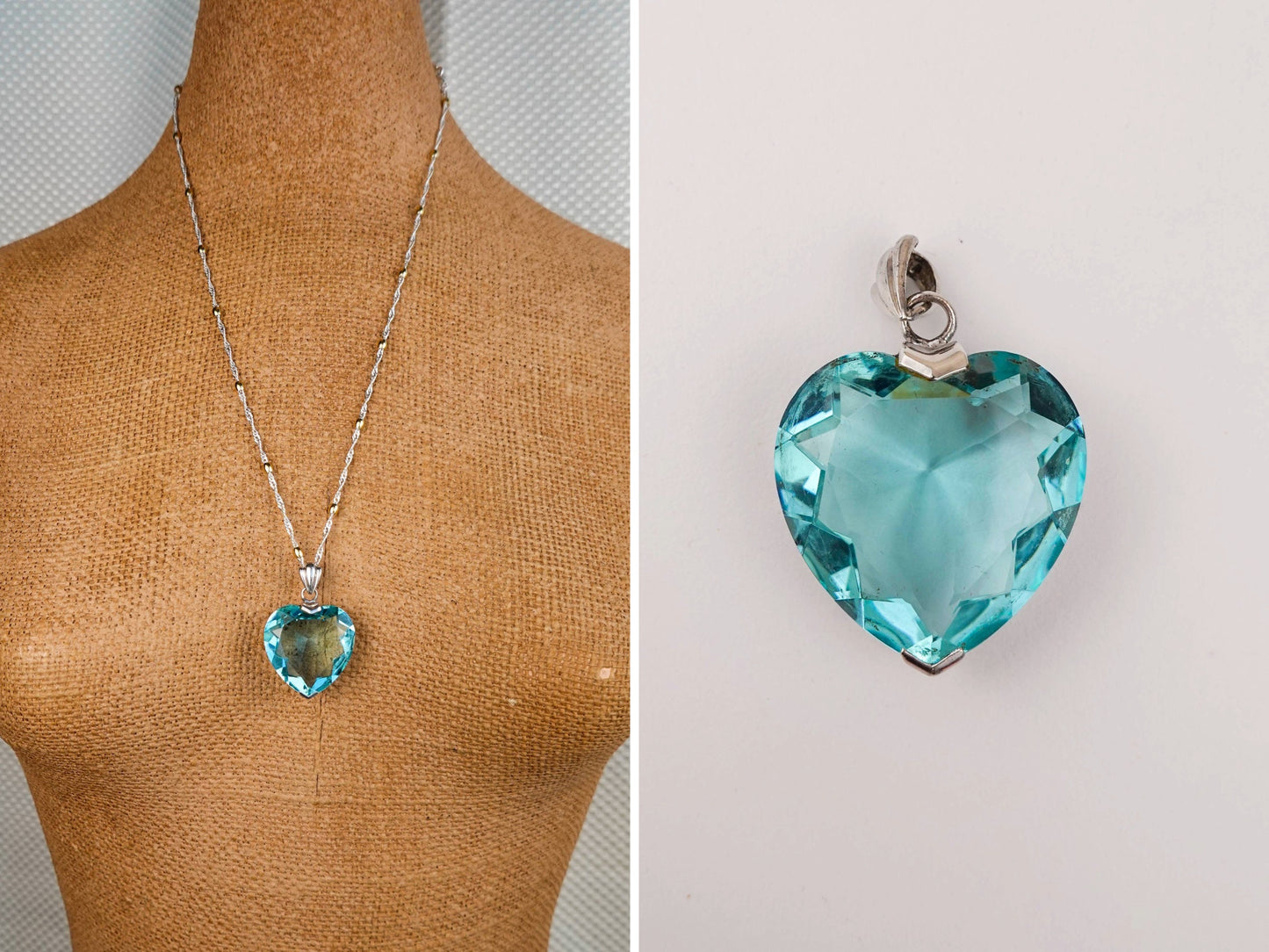 Vintage 2 inch Blue Heart Pendant - Titanic Necklace - Glass and Sterling Silver 925 - by Badavici