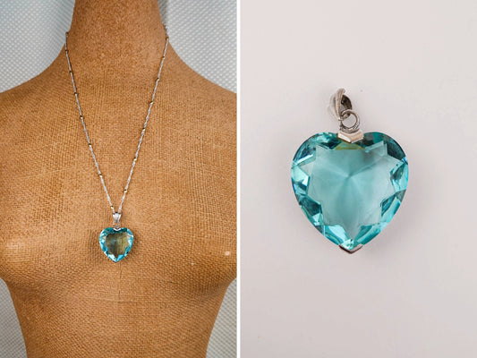 Vintage 2 inch Blue Heart Pendant - Titanic Necklace - Glass and Sterling Silver 925 - by Badavici