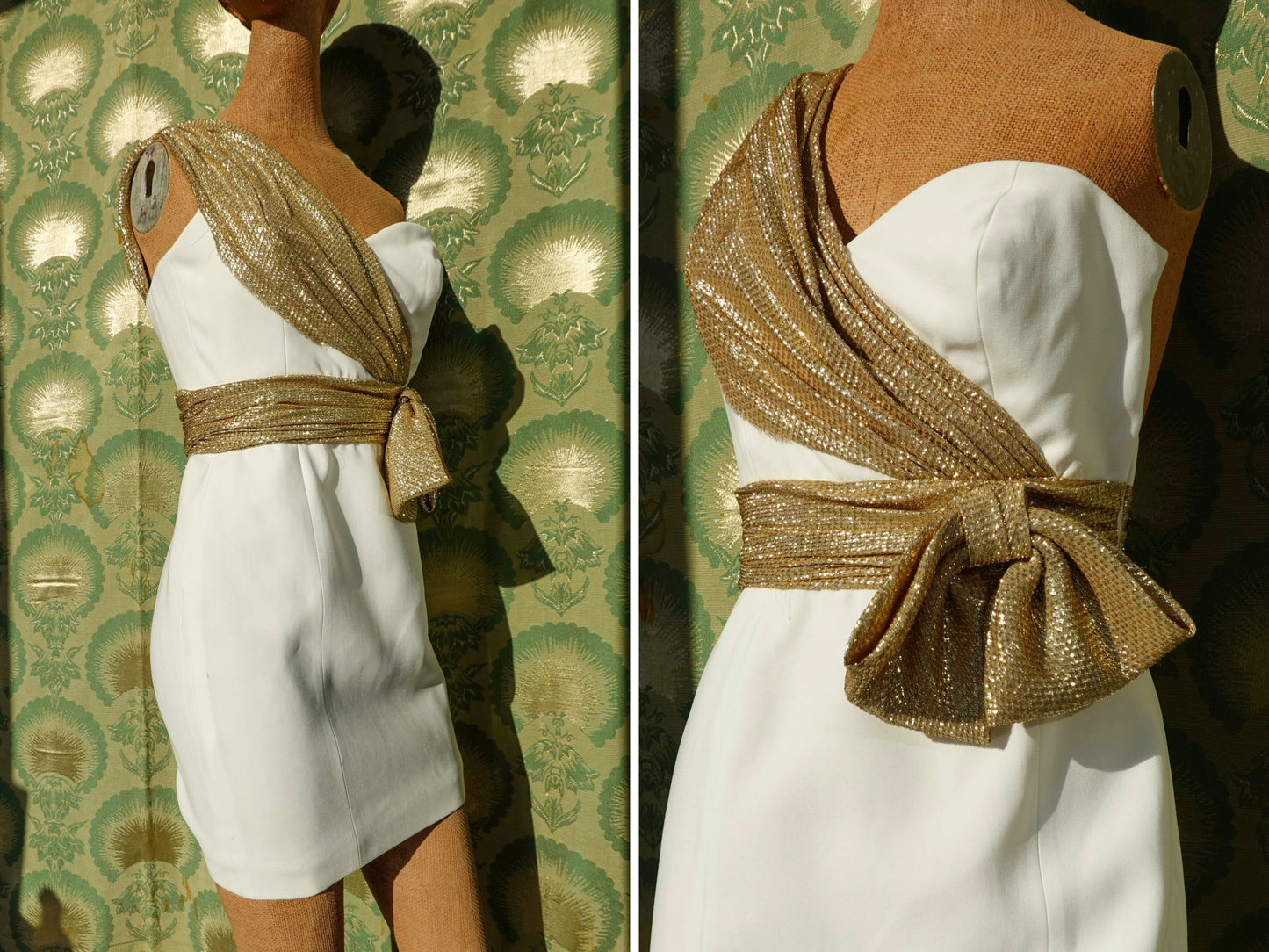 Vintage Mini Dress - White & Gold Metallic Lam Sash - Strapless Dress - Cocktail or Evening Dress - XXS/XS
