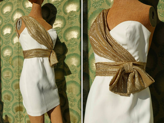 Vintage Mini Dress - White & Gold Metallic Lam Sash - Strapless Dress - Cocktail or Evening Dress - XXS/XS