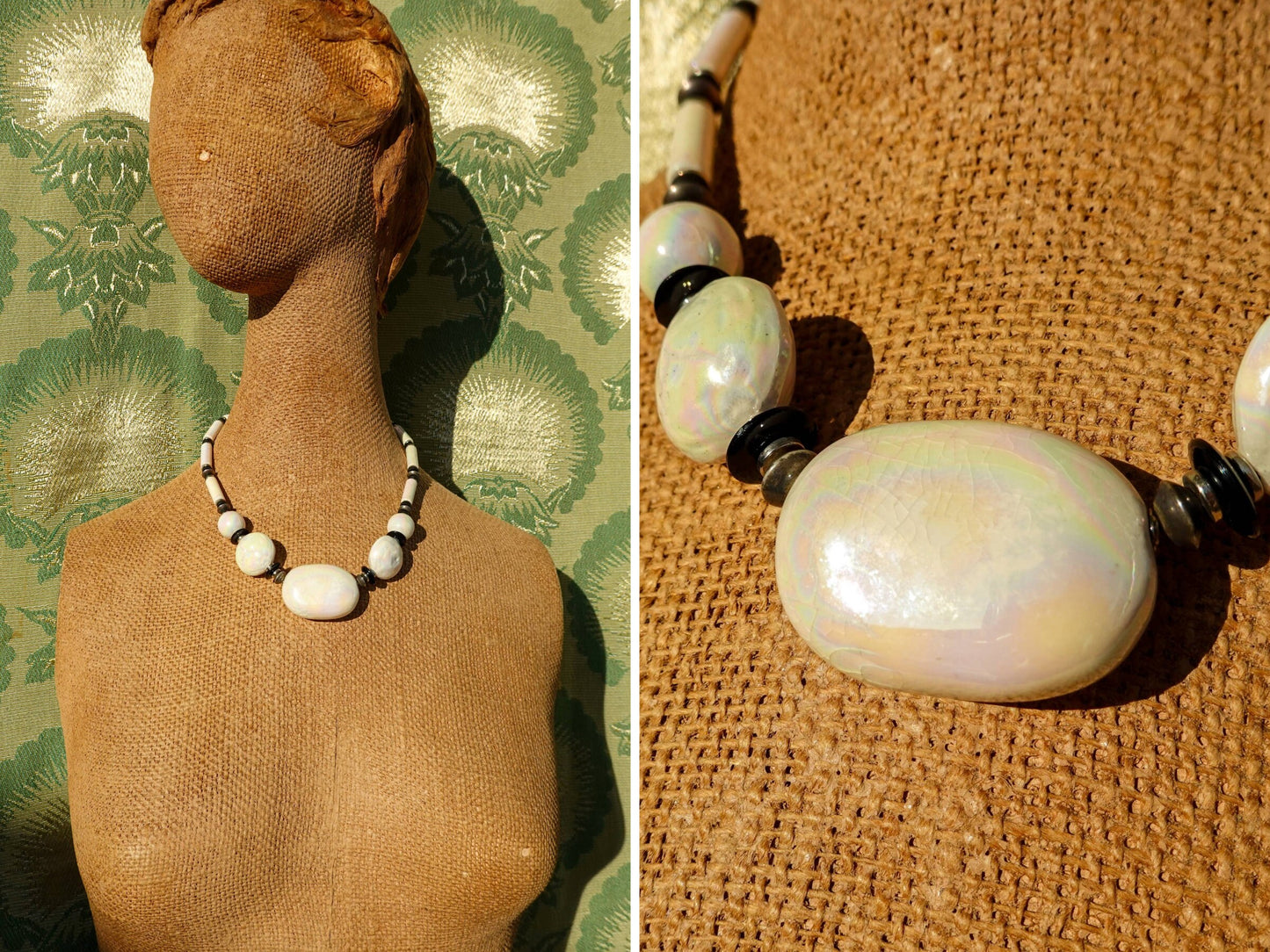 80's Iridescent Ceramic Stone Necklace - Vintage White Chunky Bead Necklace - Made in Japan