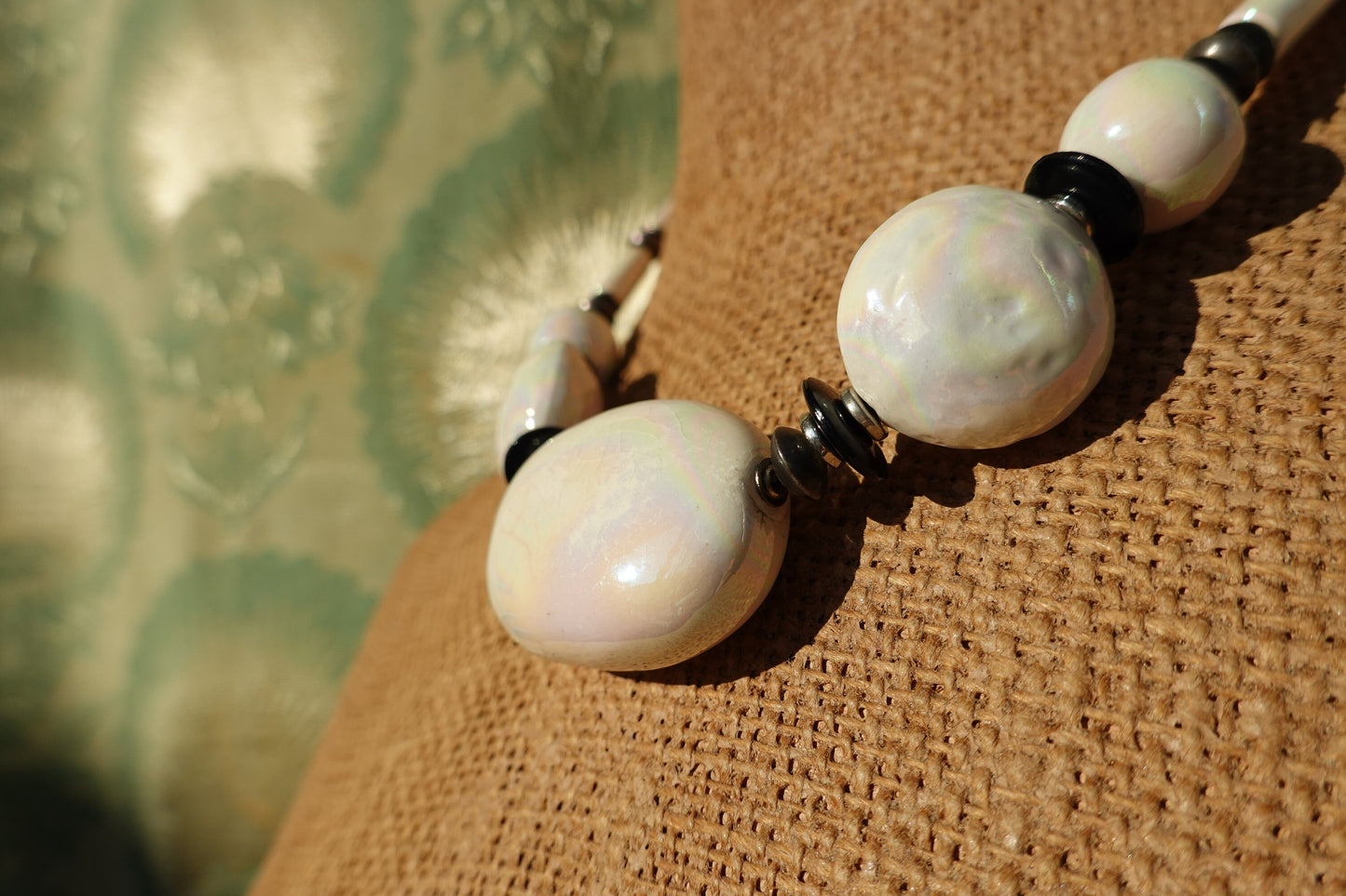 80's Iridescent Ceramic Stone Necklace - Vintage White Chunky Bead Necklace - Made in Japan