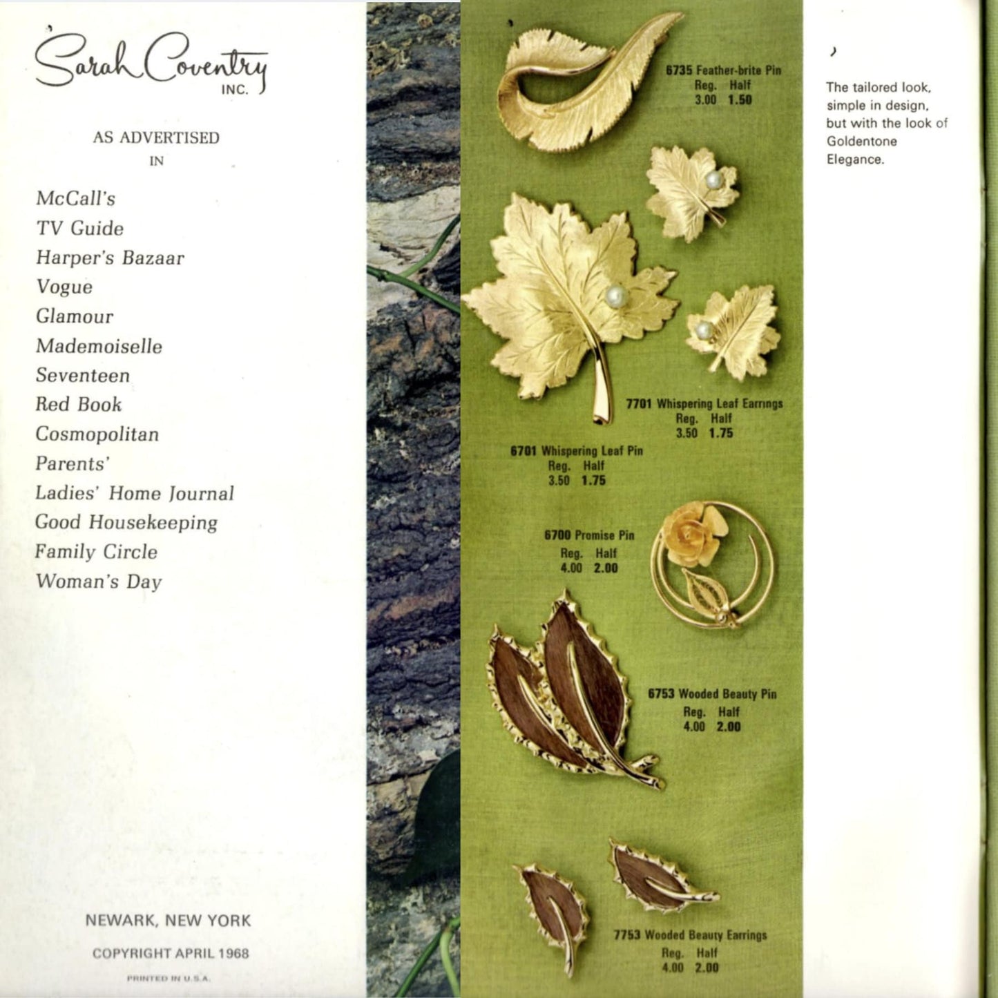 60's Wood Botanical Brooch - Gold Tone with Two Leaves - Sarah Coventry - 2.5" Sarah Cov 1968 Wooded Beauty Pin