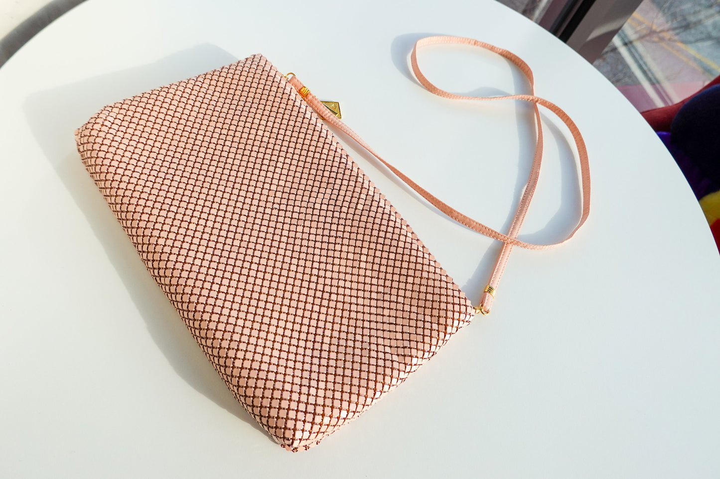 80's Whiting & Davis Pastel Pink Mesh Metal Purse - Vintage Mesh Purse - Detachable Leather Strap