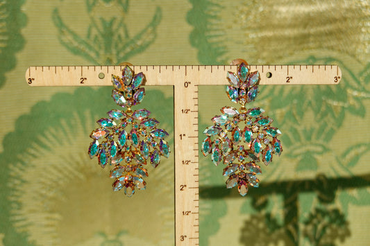 50s Vintage Aurora Borealis Navette Chandelier Earrings - Austrian Rhinestone 2.5 Long Formal Earrings