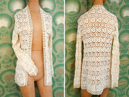 70's Crochet Open Knit Cardigan - Vintage Cotton Crochet Open Sweater- Spring Summer Sweater - Small / Medium / Large