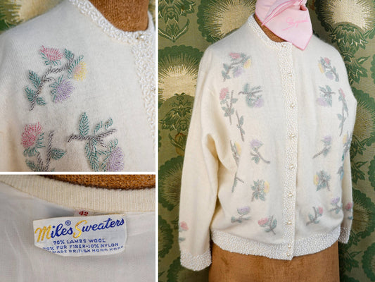 50's Hand Beaded Cardigan - Vintage Cream Color Cardigan - Miles Sweaters - Medium