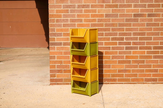 60s - 70s Stacking Storage Bins - Set of 5 Plastic Modular Boxes - Avocado Green, Harvest Yellow