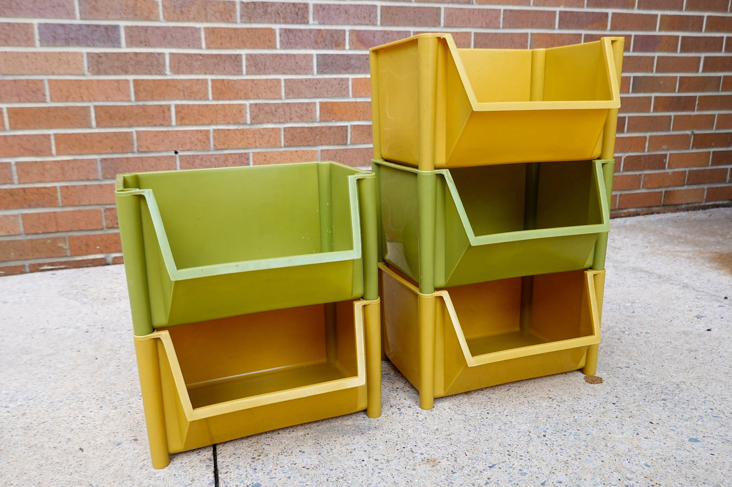 60s - 70s Stacking Storage Bins - Set of 5 Plastic Modular Boxes - Avocado Green, Harvest Yellow