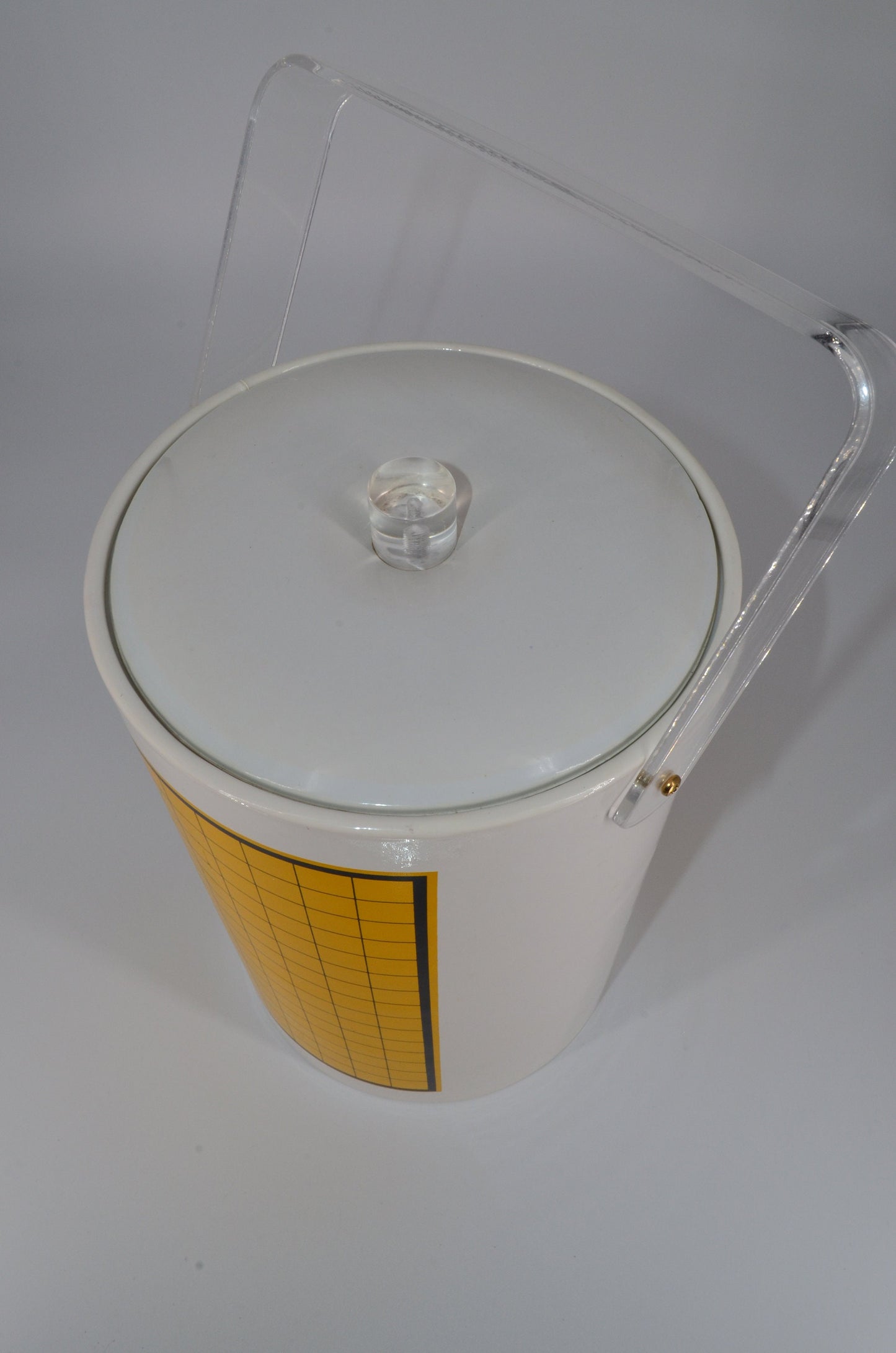 70's Ice Bucket - Acrylic Handle - Yellow Gold Paint Checkered on White Vinyl - Insulated - Signed