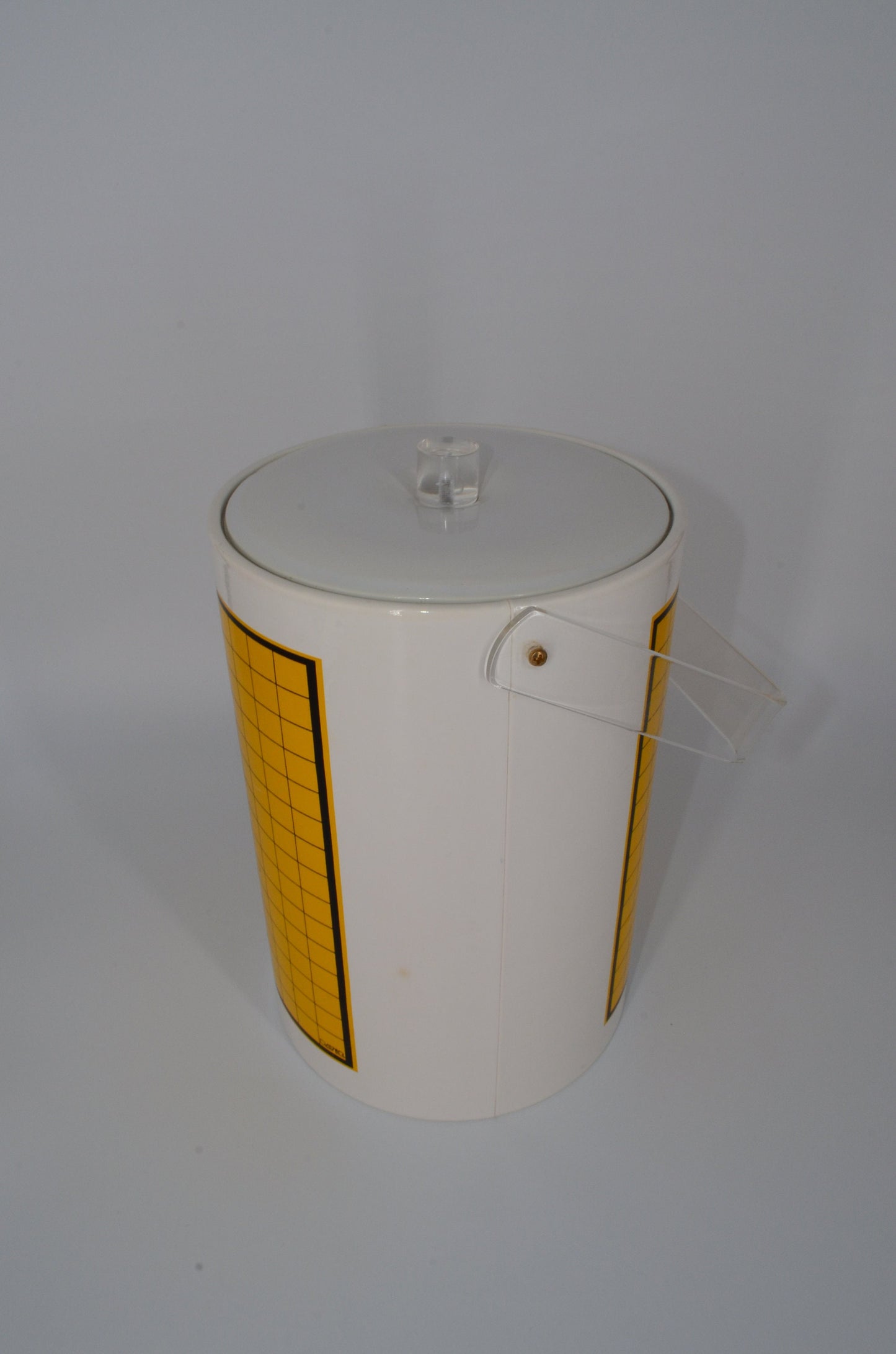 70's Ice Bucket - Acrylic Handle - Yellow Gold Paint Checkered on White Vinyl - Insulated - Signed
