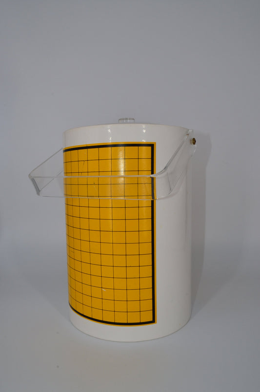 70's Ice Bucket - Acrylic Handle - Yellow Gold Paint Checkered on White Vinyl - Insulated - Signed