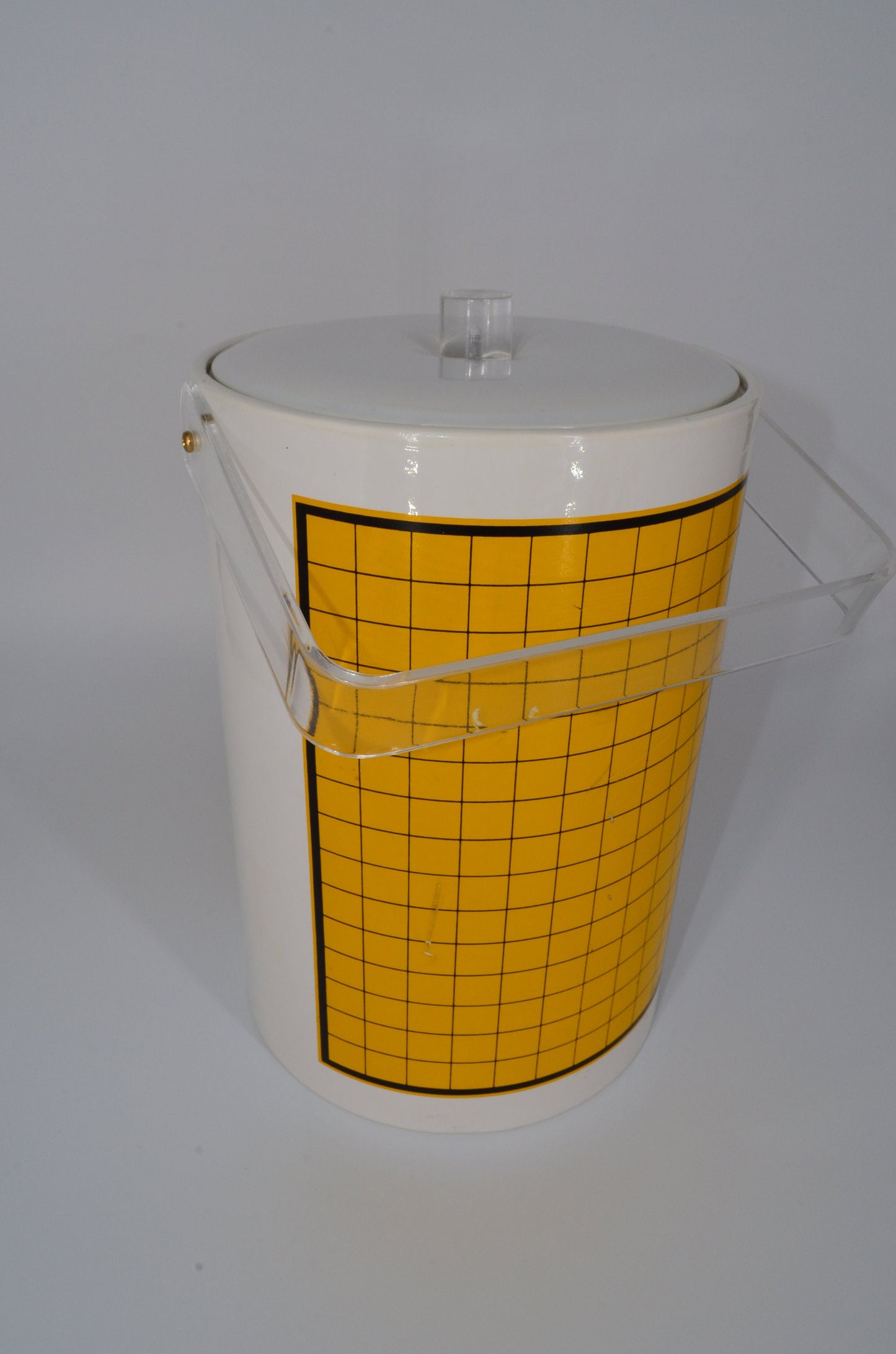 70's Ice Bucket - Acrylic Handle - Yellow Gold Paint Checkered on White Vinyl - Insulated - Signed