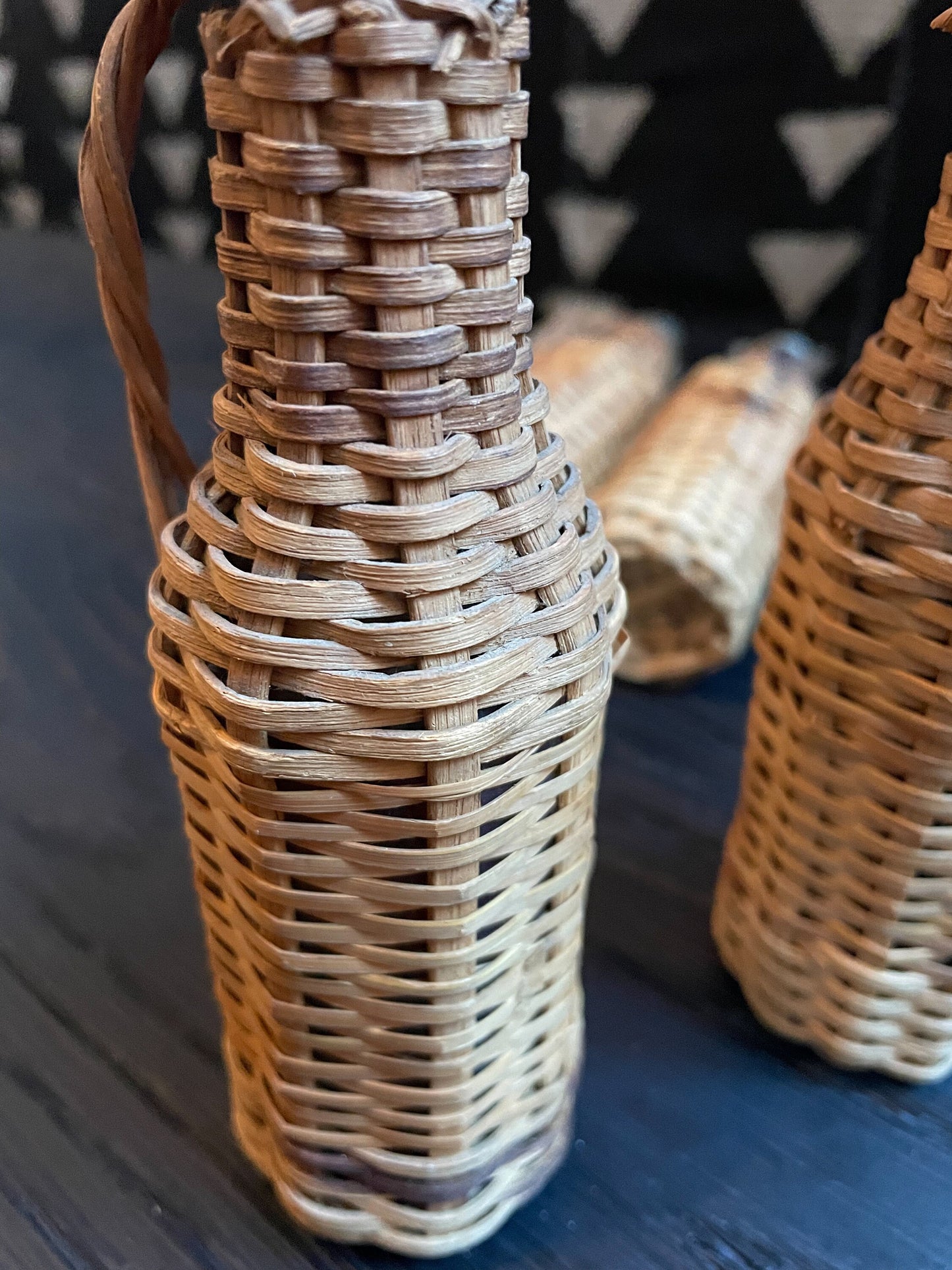 Wicker Covered Glass Bottles - Mini - Vintage