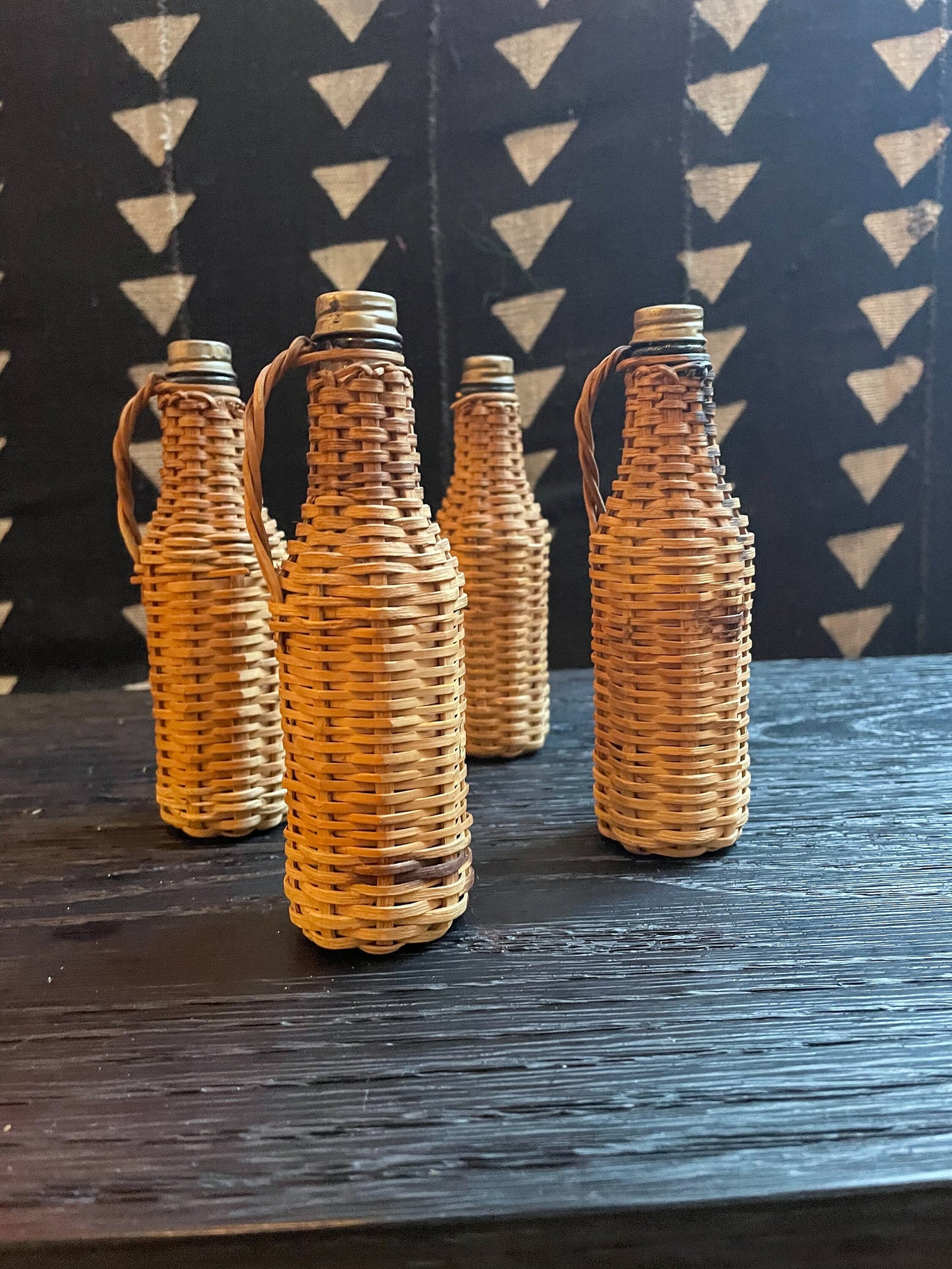 Wicker Covered Glass Bottles - Mini - Vintage