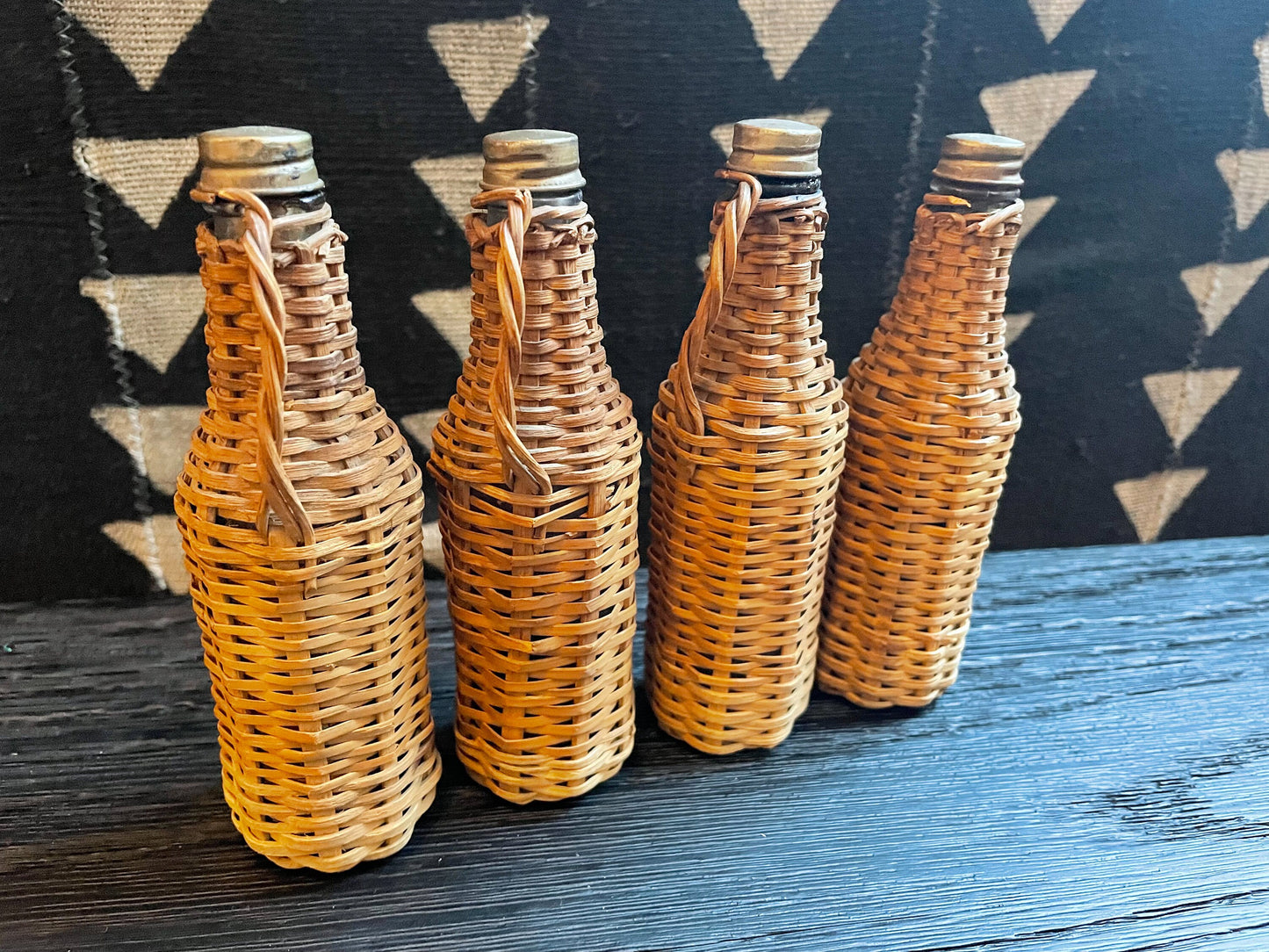Wicker Covered Glass Bottles - Mini - Vintage