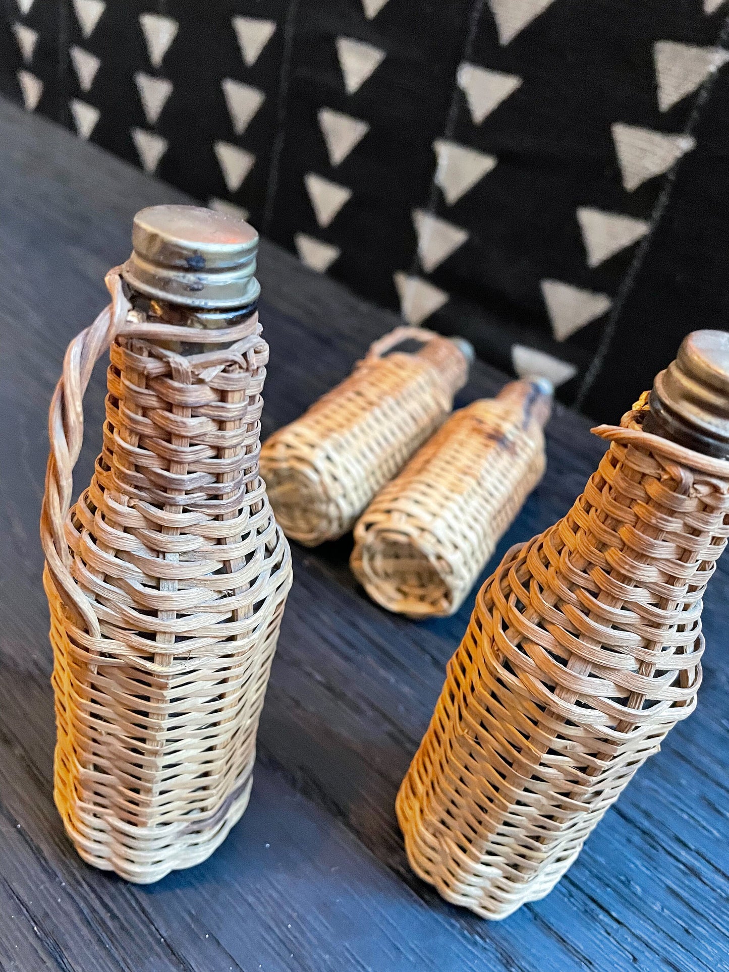 Wicker Covered Glass Bottles - Mini - Vintage