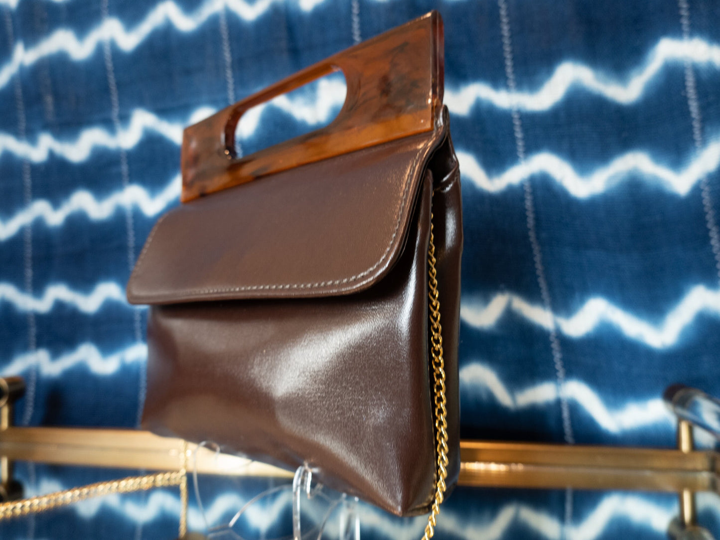 Acrylic Handle Pebbled Leather Vintage Clutch or Crossbody Purse