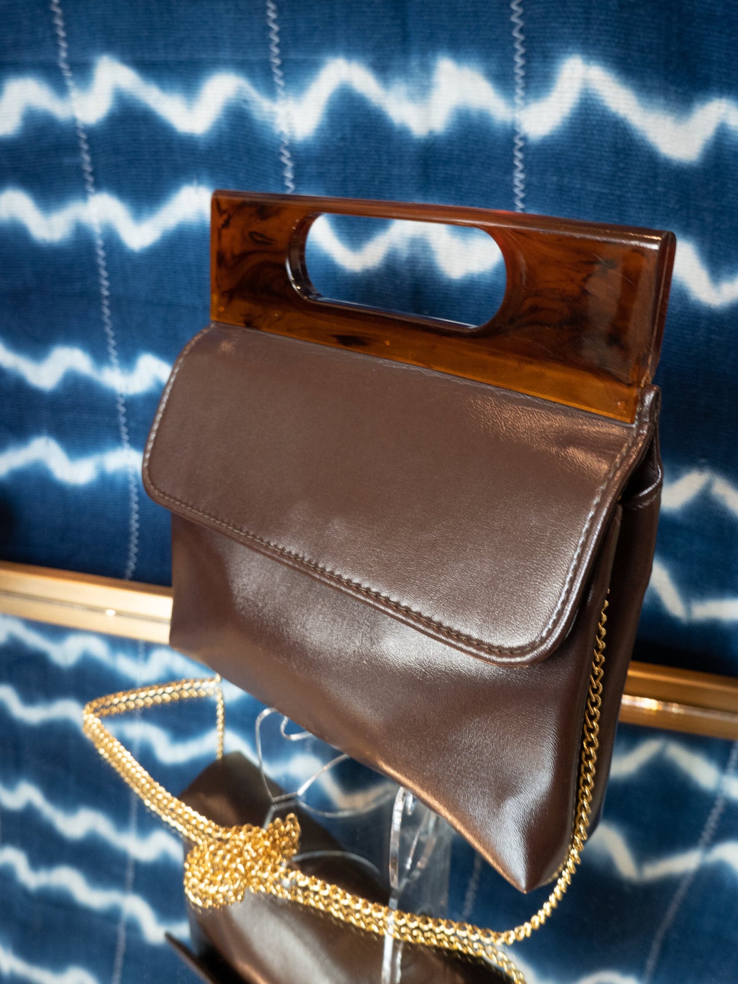Acrylic Handle Pebbled Leather Vintage Clutch or Crossbody Purse