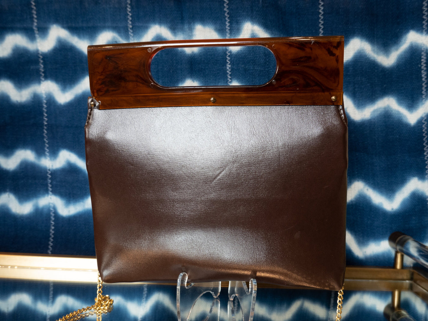 Acrylic Handle Pebbled Leather Vintage Clutch or Crossbody Purse