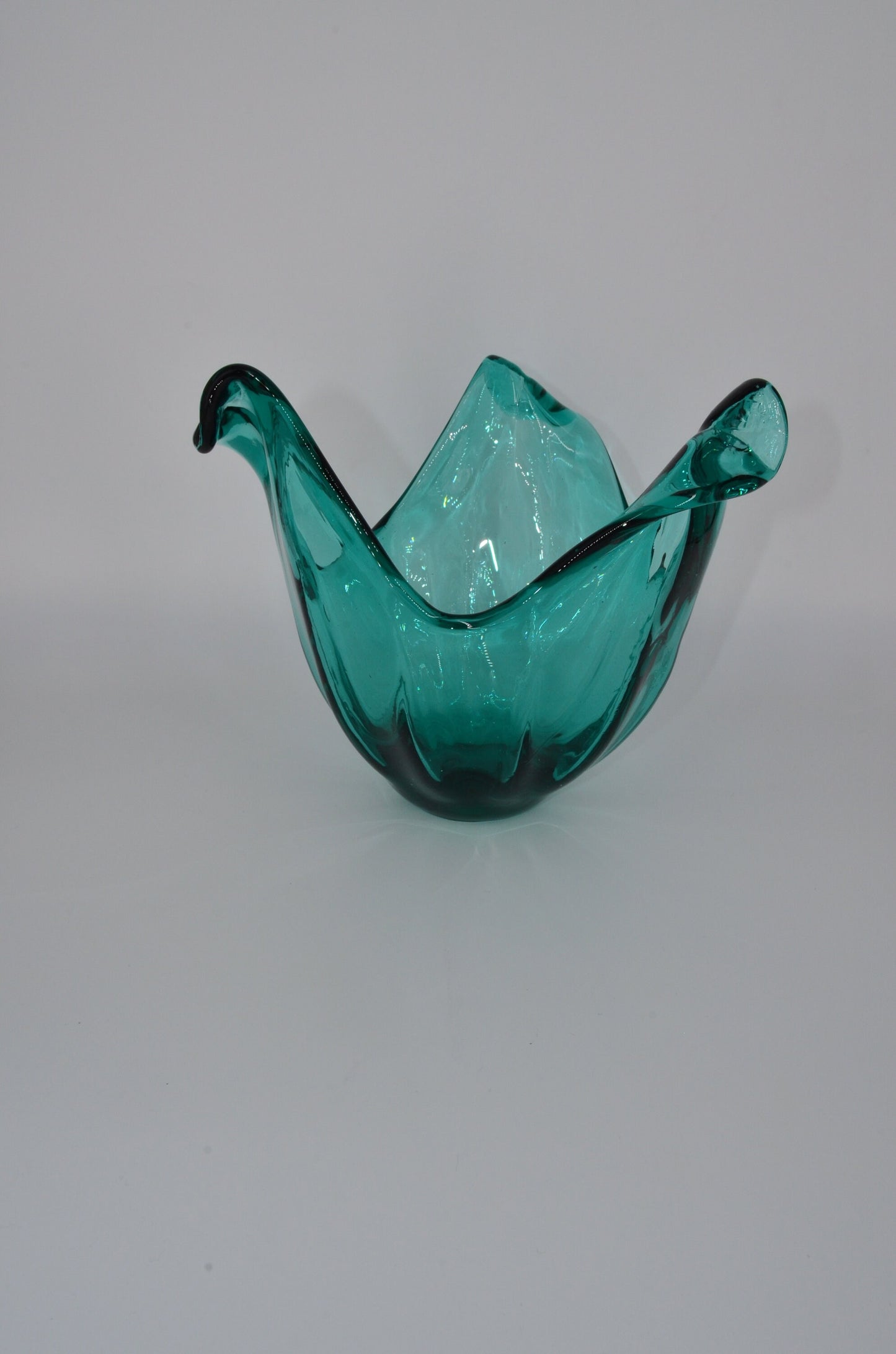 Huge Vintage Italian Glass Bowl - Handmade in Murano - Teal Curly Vase - Centerpiece Vase
