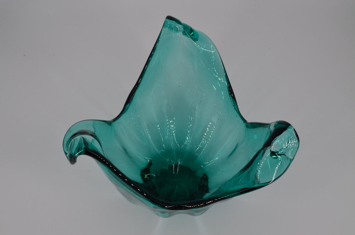 Huge Vintage Italian Glass Bowl - Handmade in Murano - Teal Curly Vase - Centerpiece Vase