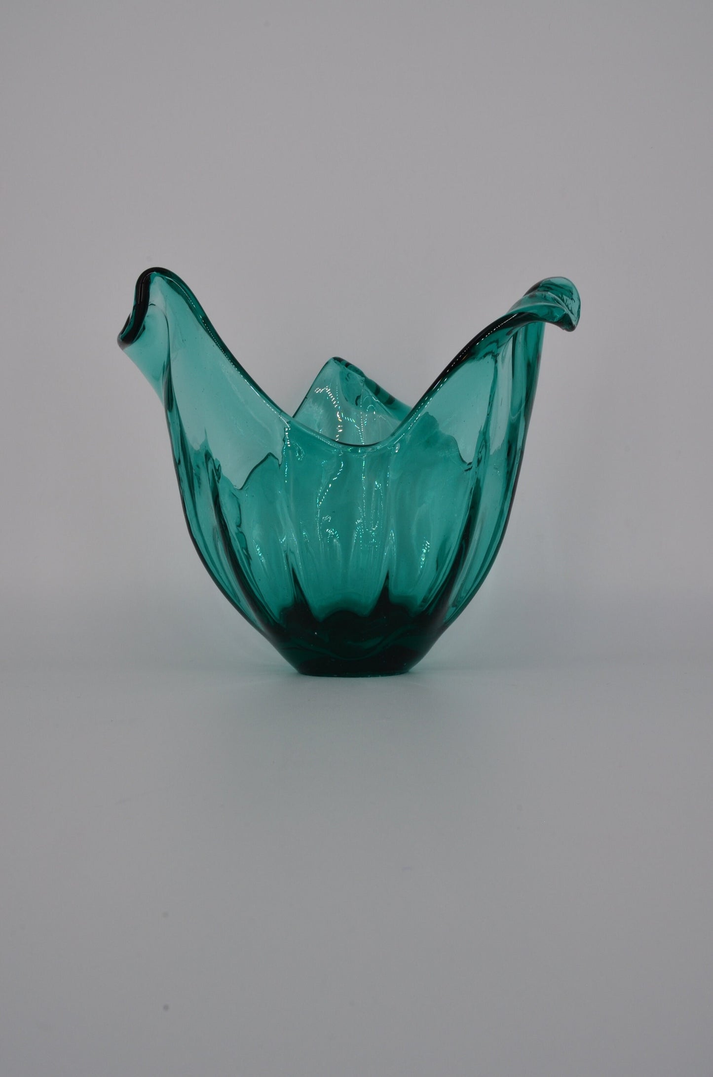 Huge Vintage Italian Glass Bowl - Handmade in Murano - Teal Curly Vase - Centerpiece Vase