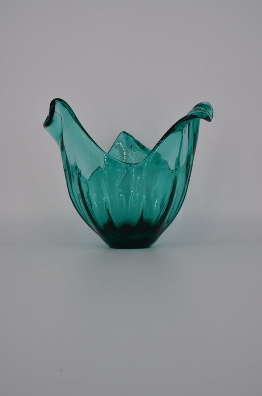 Huge Vintage Italian Glass Bowl - Handmade in Murano - Teal Curly Vase - Centerpiece Vase