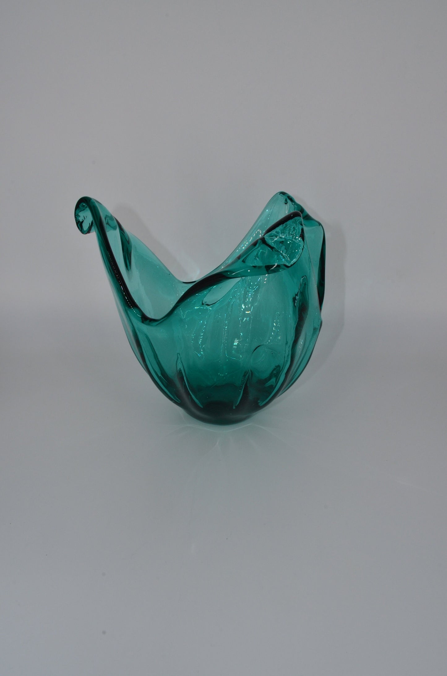 Huge Vintage Italian Glass Bowl - Handmade in Murano - Teal Curly Vase - Centerpiece Vase