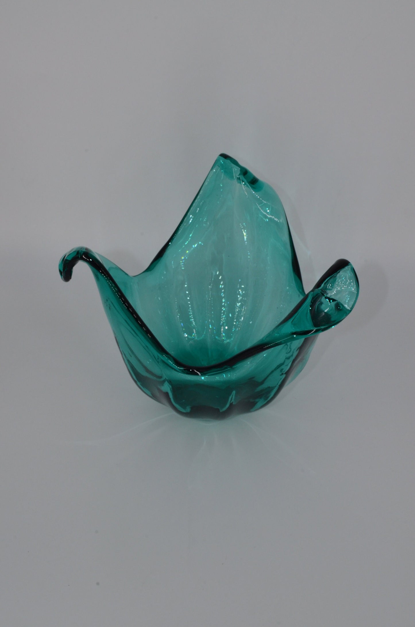Huge Vintage Italian Glass Bowl - Handmade in Murano - Teal Curly Vase - Centerpiece Vase
