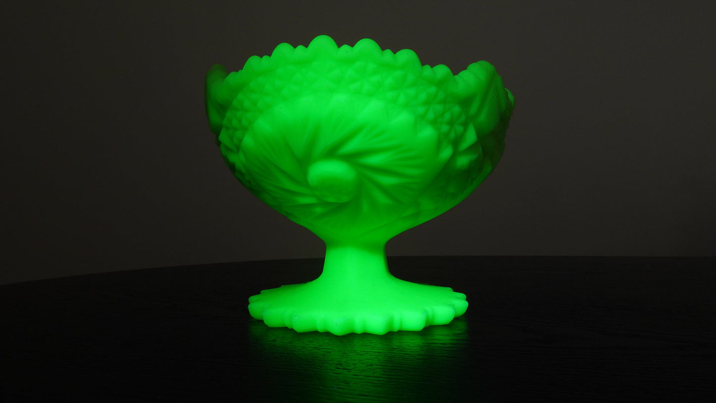 Fenton Compote - Vaseline Satin Glass - Custard Glass - Glows