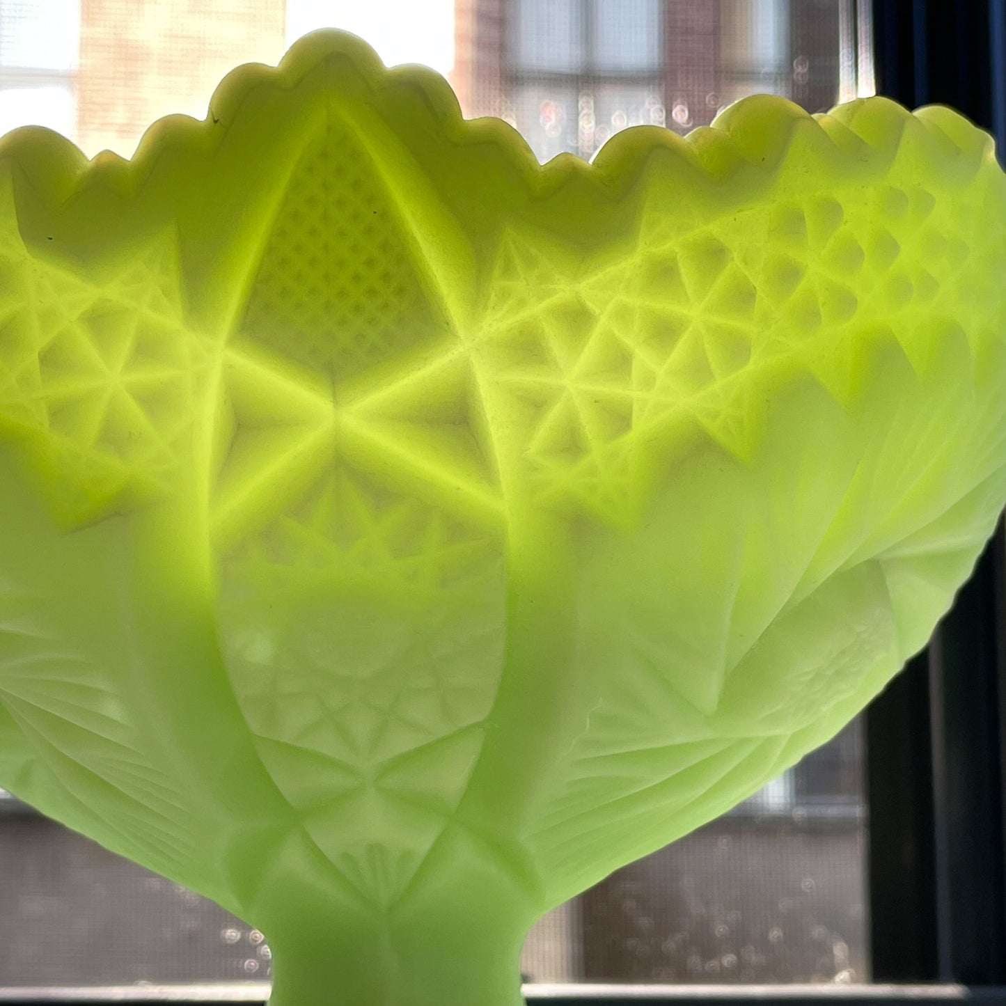 Fenton Compote - Vaseline Satin Glass - Custard Glass - Glows