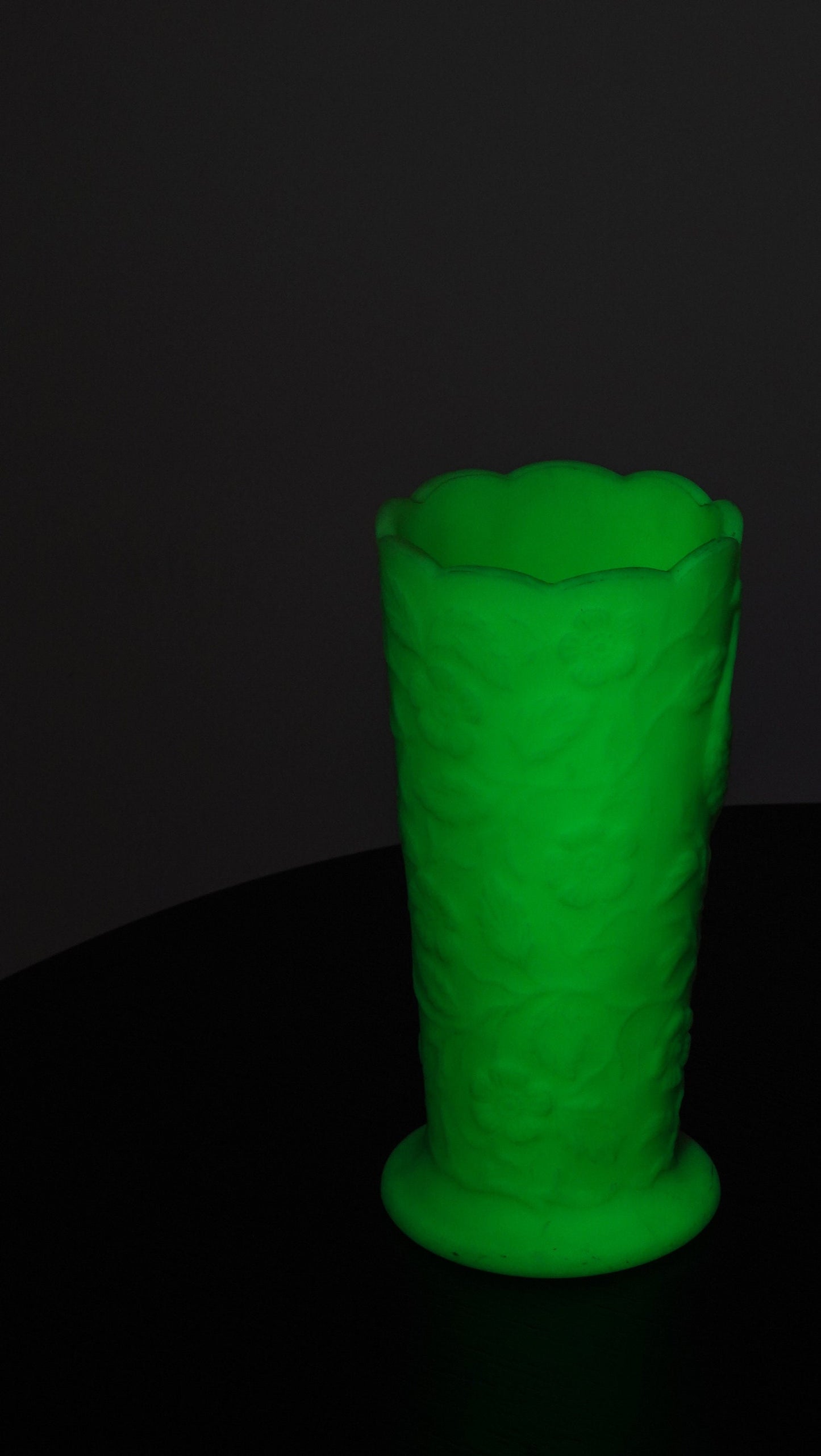 Peacock Vase - Fenton Satin Vaseline Glass - Glows Under Blacklight - Pressed Glass