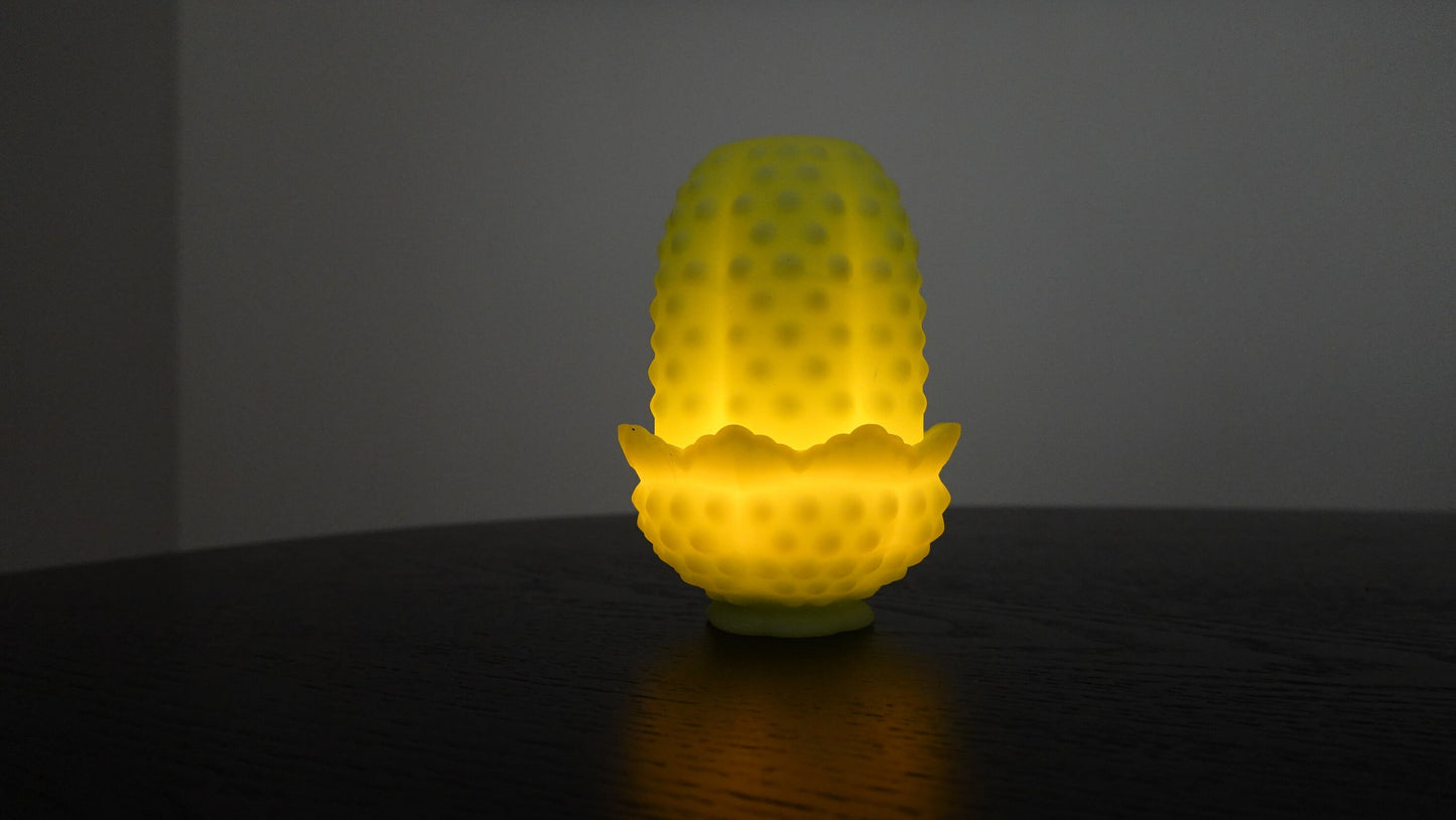 Tea Light - Fenton Hobnail Satin Vaseline Glass Fairy Lamp - Glows under Blacklight - 1974