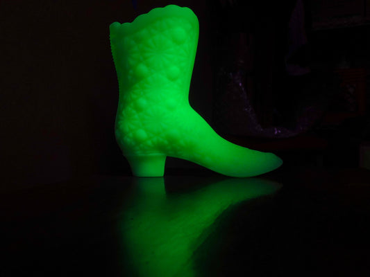Fenton Satin Vaseline Glass Mini Boot - Uranium Glass - Glows under Blacklight