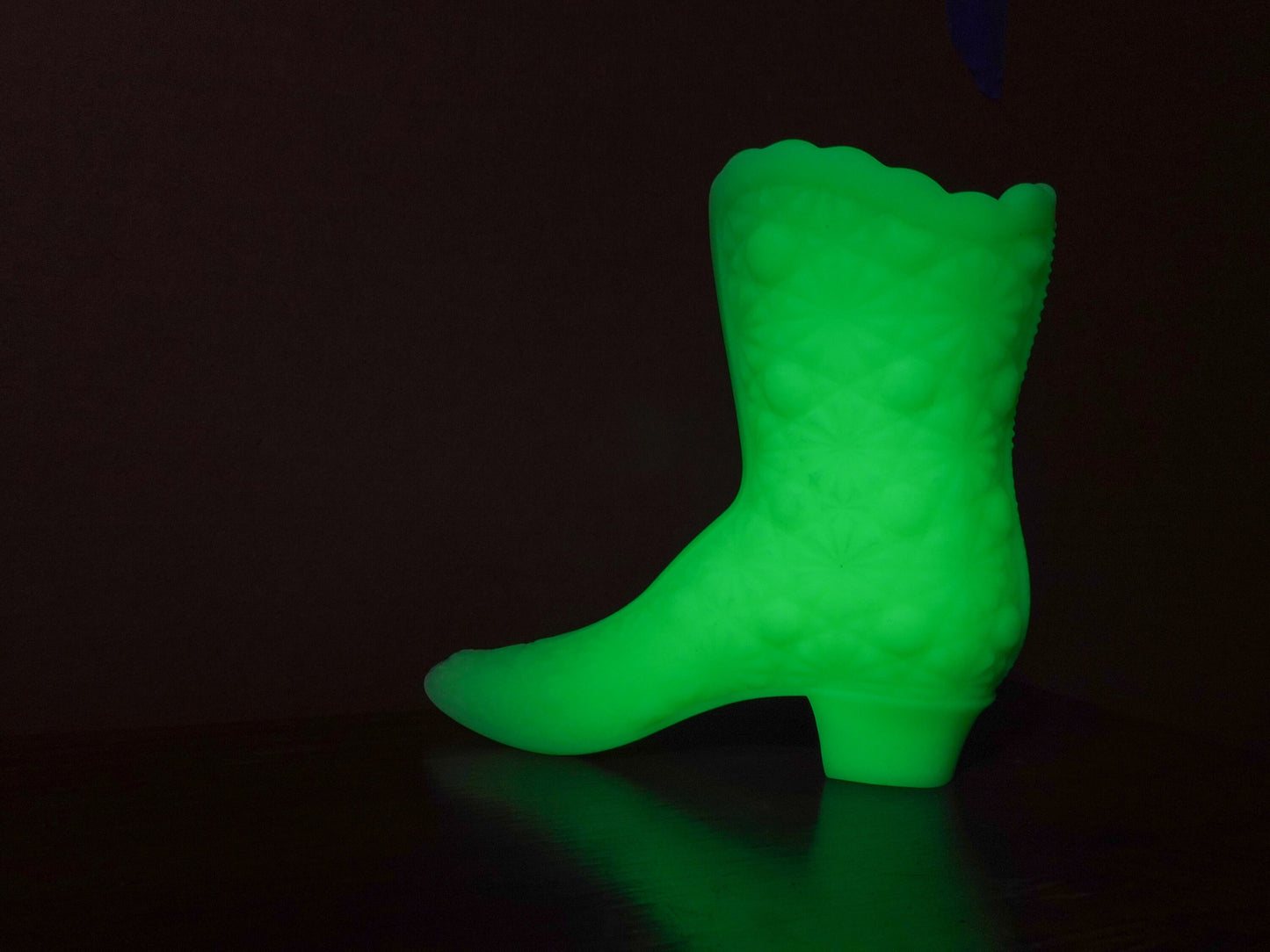 Fenton Satin Vaseline Glass Mini Boot - Uranium Glass - Glows under Blacklight